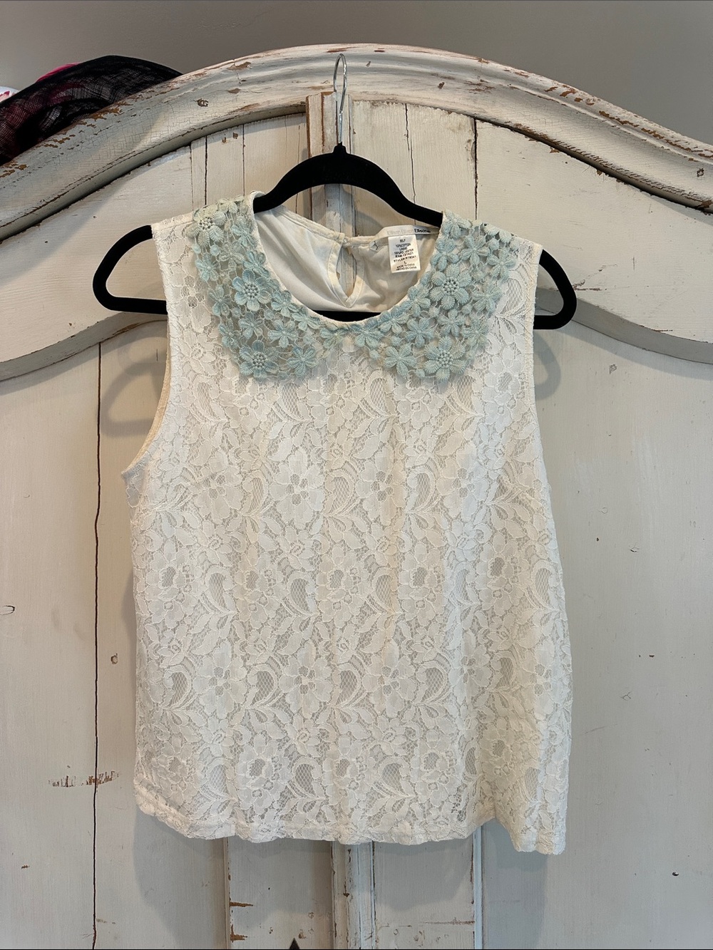 Ellison White Lace Sleeveless Top with Light Blue Floral Peter Pan Collar